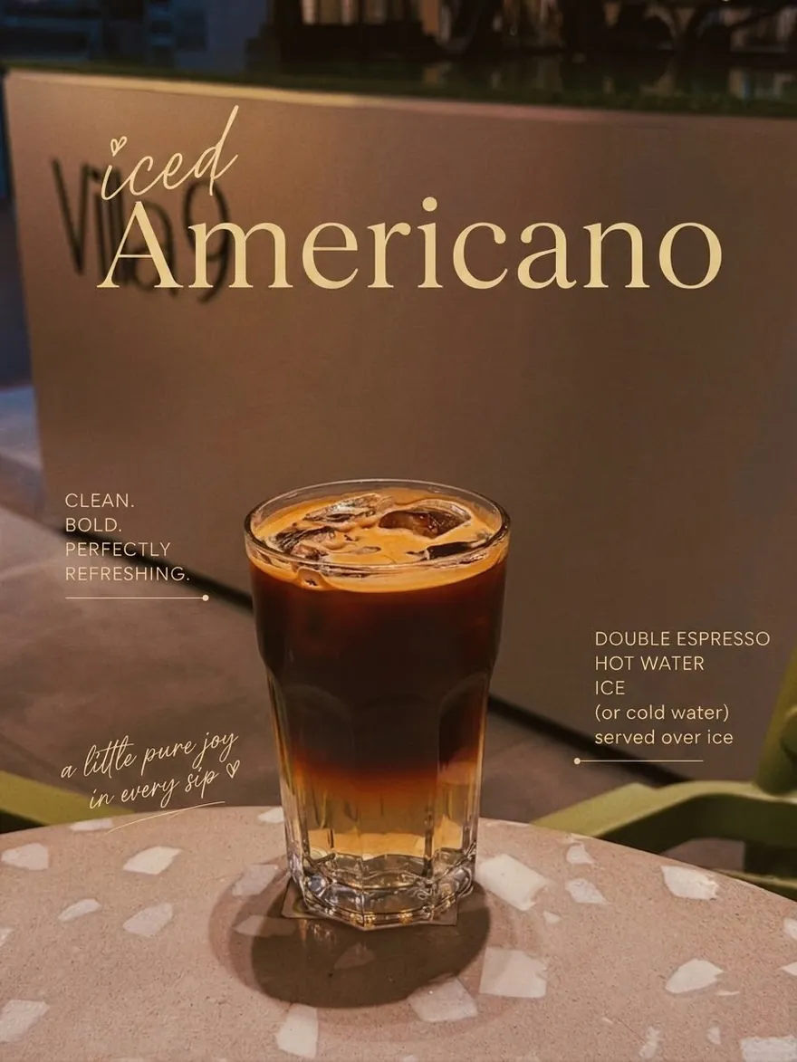 A Villa 9 card for the iced Americano reading clean, bold, perfectly refreshing.